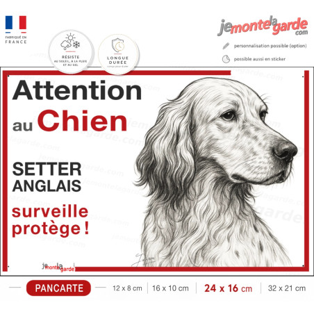 Plaque portail "Attention au Chien, notre Setter Anglais surveille et protège" dessin stylisé, résiste À l'extérieur