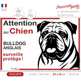 Plaque portail "Attention au Chien, notre Bulldog Anglais surveille et protège" dessin stylisé noir et blanc, résiste dehors