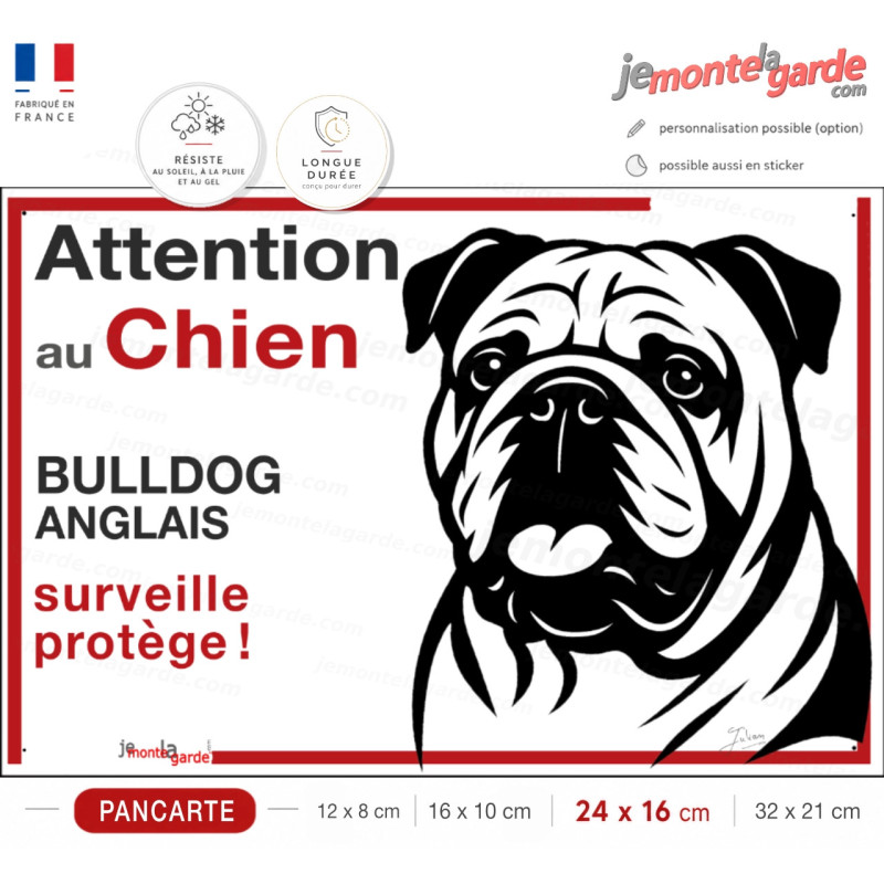Plaque portail "Attention au Chien, notre Bulldog Anglais surveille et protège" dessin stylisé noir et blanc, résiste dehors