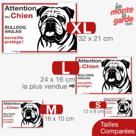 Plaque portail "Attention au Chien, Bulldog Anglais surveille et protège" 4 Tailles