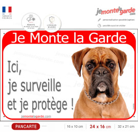 Boxer Fauve , plaque Portail rouge "Je Monte la Garde,  surveille et protège !" photo, résiste à l'extérieur, bien visible