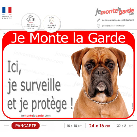 Boxer Fauve , plaque Portail rouge "Je Monte la Garde,  surveille et protège !" photo, résiste à l'extérieur, bien visible