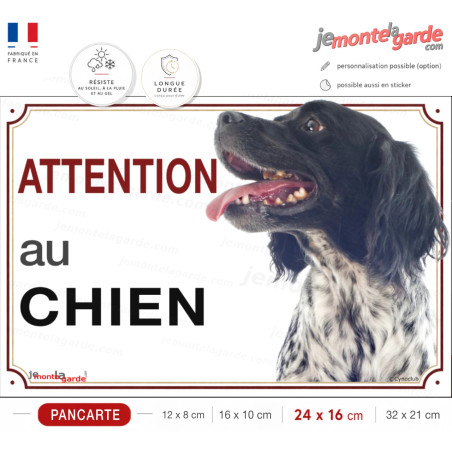 Epagneul Breton noir et blanc Tête, plaque portail "Attention au Chien" photo, résiste pluie soleil gel, idée cadeau