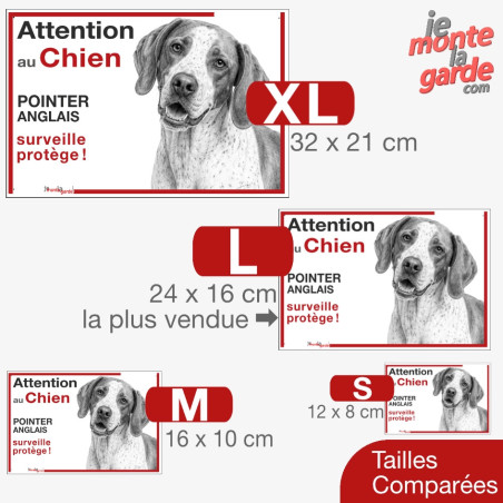 Plaque portail "Attention au Chien, Pointer Anglais surveille protège" dessin 4 Tailles
