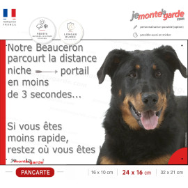 Beauceron noir et feu, Plaque humour "parcourt distance niche-portail 3 secondes" photo berger Beauce, résiste à l'extérieur