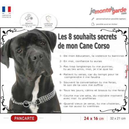 Cane Corso Noir, Plaque photo "Les 8 Souhaits Secrets" commandements éducation, résiste à l'extérieur, idée cadeau