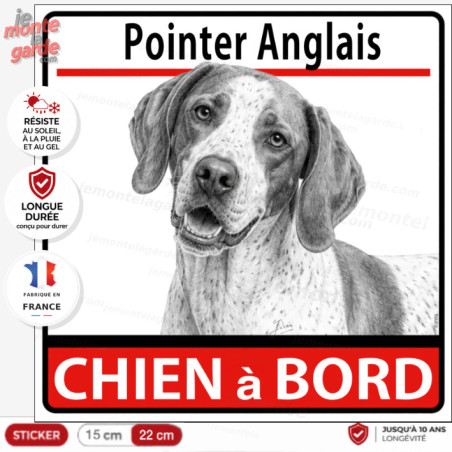 Sticker Pointer Anglais "Chien à bord" – autocollant carré pour voiture, camping-car ou véhicule, résiste dehors