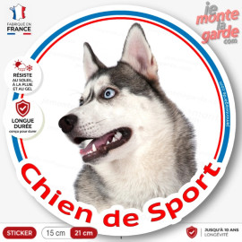 Siberian Husky gris Tête, sticker rond "Chien de Sport" disque intérieur ou Extérieur autocollant yeux bleus photo