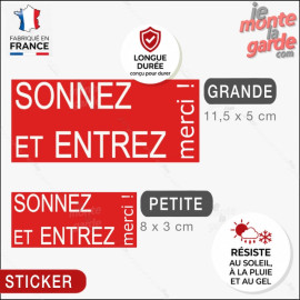 Sonnez et Entrez, merci !" Sticker rouge boite aux lettres, porte entrée, résiste à l'extérieur, fabriqué en France