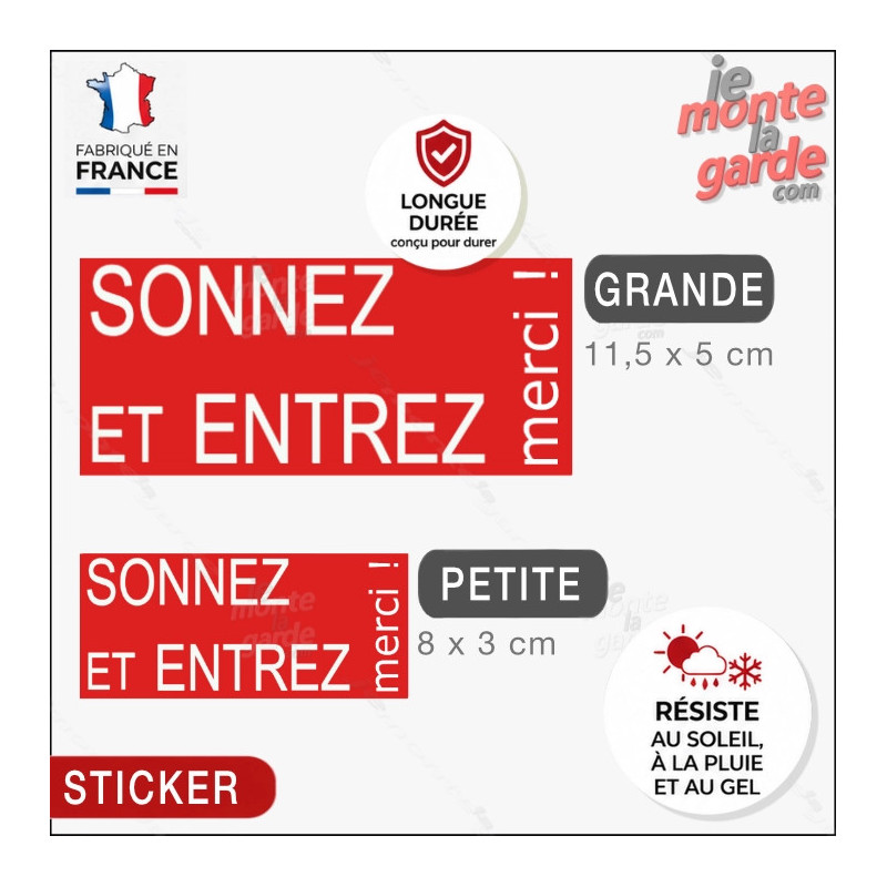 Sonnez et Entrez, merci !" Sticker rouge boite aux lettres, porte entrée, résiste à l'extérieur, fabriqué en France