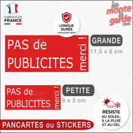 Pancarte ou sticker Stop Pub “Pas de publicités, merci !”, rouge et très visible, en 2 tailles pour boîte aux lettres