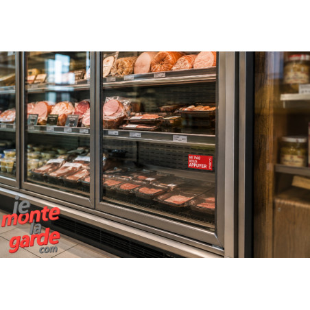 "NE PAS VOUS APPUYER, merci !" Sticker rouge, résiste à l'extérieur, collé sur la vitrine réfrigérée d'une boutique