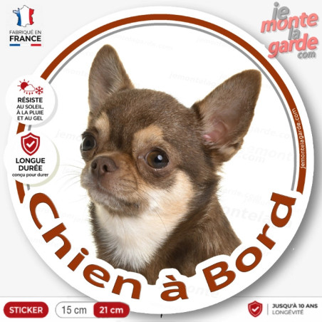 Chihuahua Marron et beige poils courts, sticker autocollant rond "Chien à Bord" disque photo adhésif voiture, résiste dehors