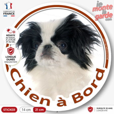 Epagneul Japonais Chin, sticker autocollant rond "Chien à Bord" adhésif vitre voiture photo disque, résiste extérieur