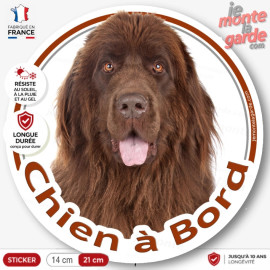 Terre Neuve marron chocolat bronze, Sticker autocollant rond "Chien à Bord" Disque vitre voiture photo, résiste extérieur