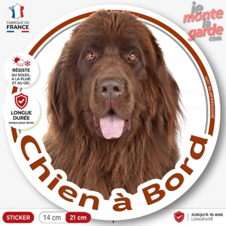 Terre Neuve marron chocolat bronze, Sticker autocollant rond "Chien à Bord" Disque vitre voiture photo, résiste extérieur