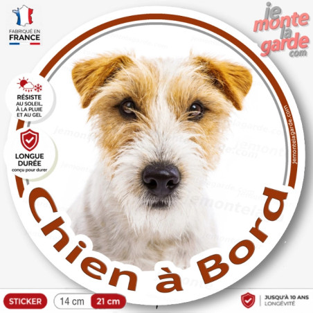 Jack Russell Terrier blanc et fauve poils durs, sticker rond "Chien à Bord" disque adhésif vitre voiture photo résiste dehors