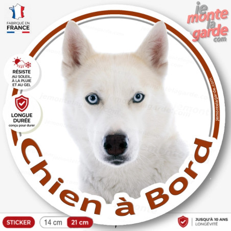 Husky tout blanc, sticker voiture rond "Chien à Bord" 2 Tailles