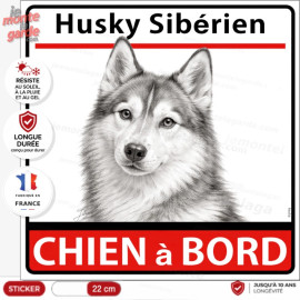 Autocollant "Husky Sibérien à Bord" en noir et blanc. Sticker adhésif vitre voiture, résiste pluie soleil gel, idée cadeau