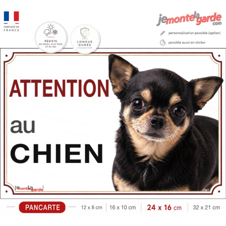 Chihuahua noir et feu à poils courts Tête, plaque portail "Attention au Chien" photo, résiste pluie soleil gel, fabriqué France