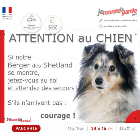 Berger Shetlands Bleu Merle, plaque portail humour "Attention au Chien, Jetez Vous au Sol, attendez secours, courage" photo