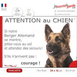 Berger Allemand poils mi-longs, plaque portail humour "Attention au Chien, Jetez Vous au Sol, attendez secours, courage" photo