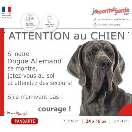 Dogue Allemand bleu, plaque humour "Attention au Chien, Jetez Vous au Sol" 3 Tailles