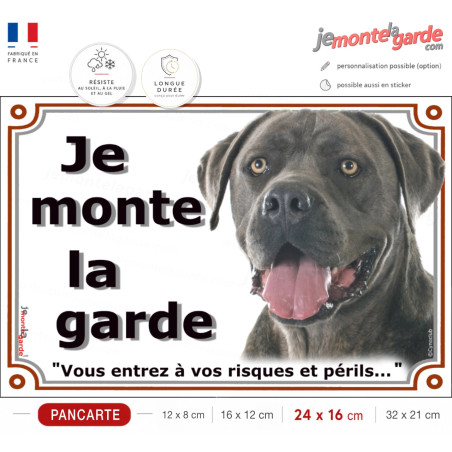 Cane Corso gris bleu, plaque portail "Je Monte la Garde, risques et périls" photo, résiste à l'extérieur, fabriqué en France