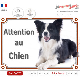 Border Collie noir et blanc poils longs couché, plaque portail "Attention au Chien" photo résiste pluie soleil gel, idée cadeau