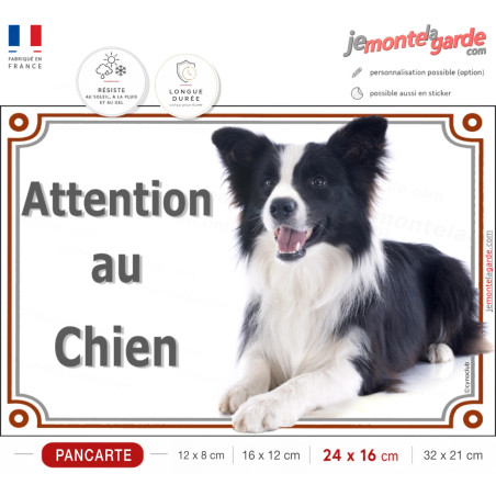 Border Collie noir et blanc poils longs couché, plaque portail "Attention au Chien" photo résiste pluie soleil gel, idée cadeau