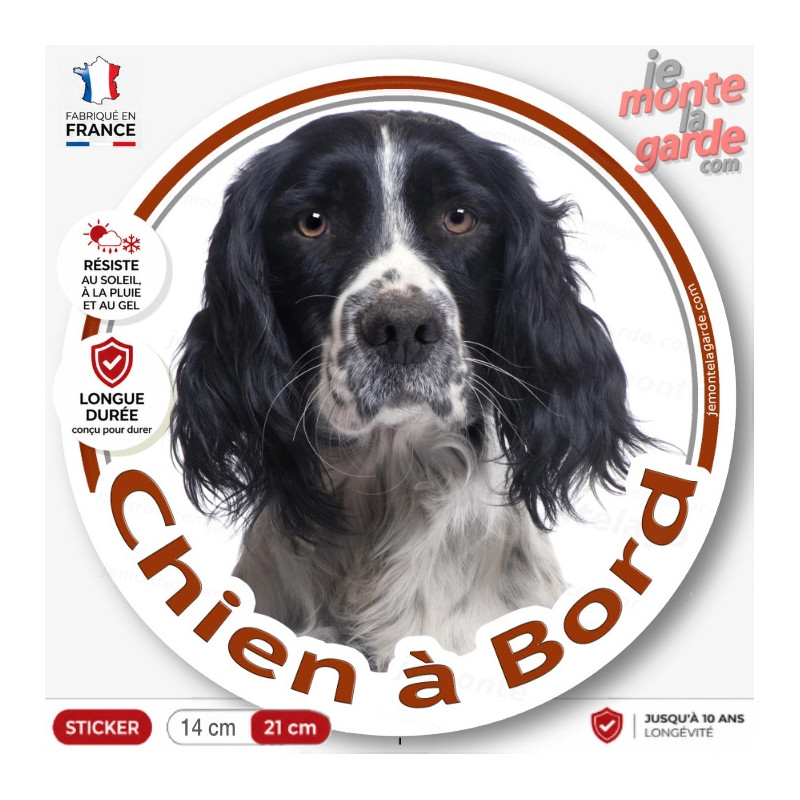 English Springer Spaniel Anglais Spaniel noir et blanc, sticker autocollant rond "Chien à Bord" Disque photo adhésif vitre auto