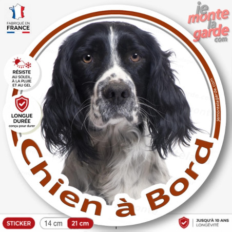 English Springer Spaniel Anglais Spaniel noir et blanc, sticker autocollant rond "Chien à Bord" Disque photo adhésif vitre auto