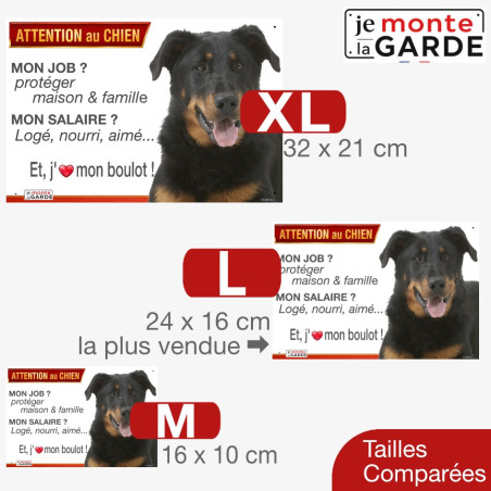 Beauceron, plaque humour "Attention au Chien, j'aime mon boulot, protéger ma famille" 3 Tailles