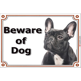 Dark brindle French Bulldog “Beware of Dog” gate plaque, weather-resistant and French-made – a useful gift for Frenchie owners.