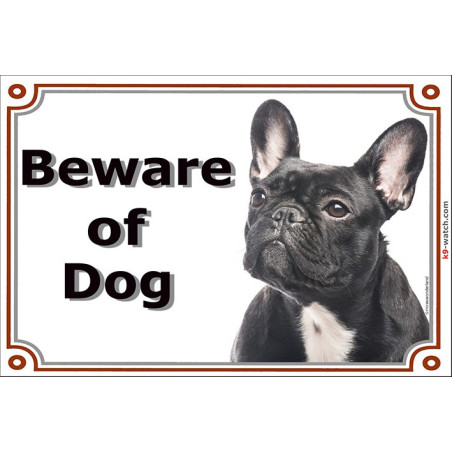 Dark brindle French Bulldog “Beware of Dog” gate plaque, weather-resistant and French-made – a useful gift for Frenchie owners.