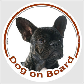 Dark brindle French Bulldog “Dog on Board” car sticker, weather-resistant and made in France – a great gift for Frenchie lovers.