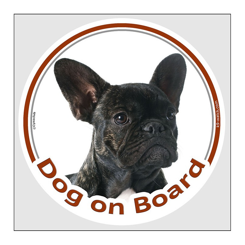 Dark brindle French Bulldog “Dog on Board” car sticker, weather-resistant and made in France – a great gift for Frenchie lovers.