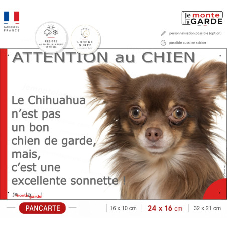 plaque portail humour "Attention au Chien, Chihuahua marron chocolat et Tan à poils longs garde est une sonnette" résiste dehors