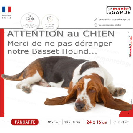 Plaque portail humour "Attention au Chien, Merci de ne pas déranger notre Basset Hound" Photo fatigué, Résiste pluie soleil gel