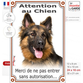 Berger Allemand noir et feu Poils Longs, plaque portail "Attention au chien, entrez pas sans autorisation" vertical photo