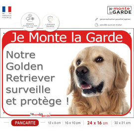 Golden Retriever foncé, Plaque portail rouge "Je Monte la Garde, surveille protège" photo, bien visible, résiste à l'extérieur