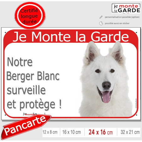 Berger Blanc Suisse, plaque portail rouge "Je Monte la Garde, surveille protège" photo, résiste à l'extérieur