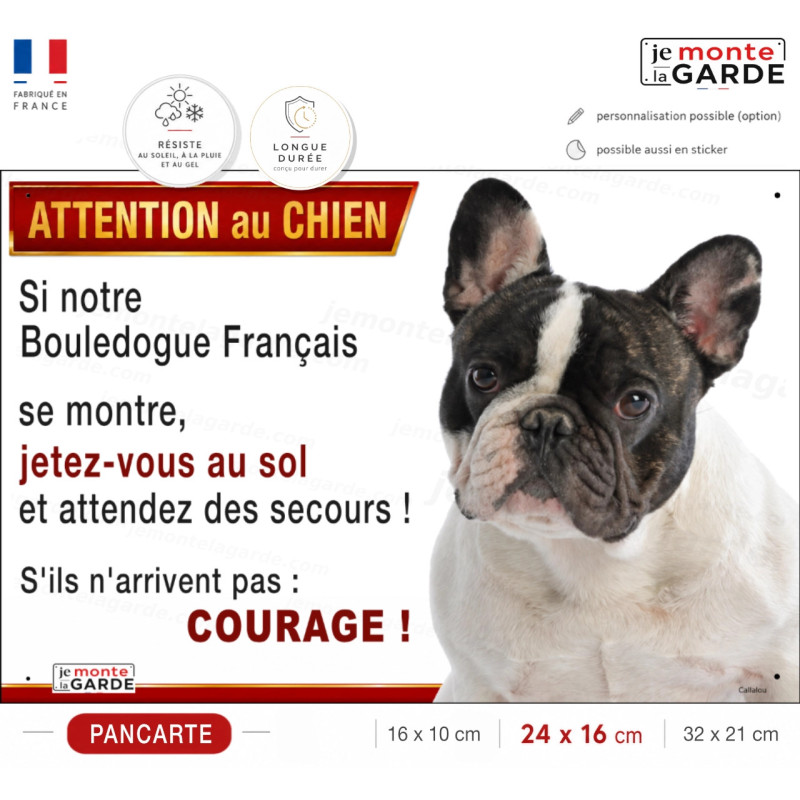 Pancarte Bouledogue Français bringé et blanc "Jetez-vous au sol" – signalétique drôle pour portail, clôture ou maison