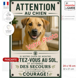 Photo Personnalisable, plaque portail humour verticale "Attention au Chien, Jetez-Vous au Sol, Attendez secours" résiste DEHORS
