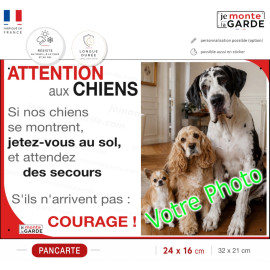 Photo Personnalisable, plaque portail IMPACT humour PLURIEL "Attention aux Chiens, Jetez-Vous au Sol" résiste dehors