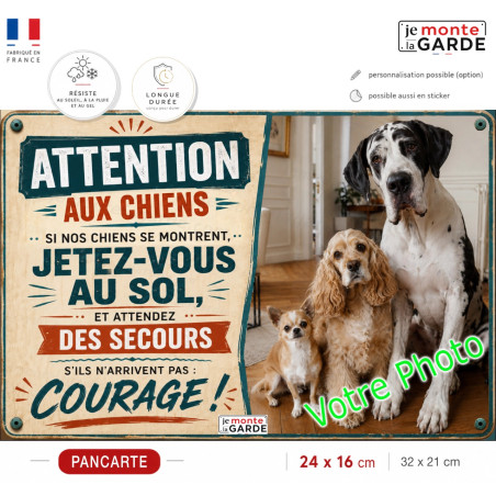 Photo Personnalisable, plaque portail DAKOTA humour PLURIEL "Attention aux Chiens, Jetez-Vous au Sol" avec race du chien