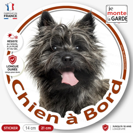 Cairn Terrier bringé foncé, sticker autocollant rond "Chien à Bord" Disque photo adhésif vitre voiture résiste intempéries
