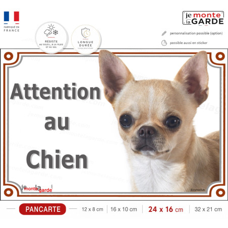 Chihuahua beige à poils courts Tête, plaque portail "Attention au Chien" photo, résiste à l'extérieur, fabriqué en France