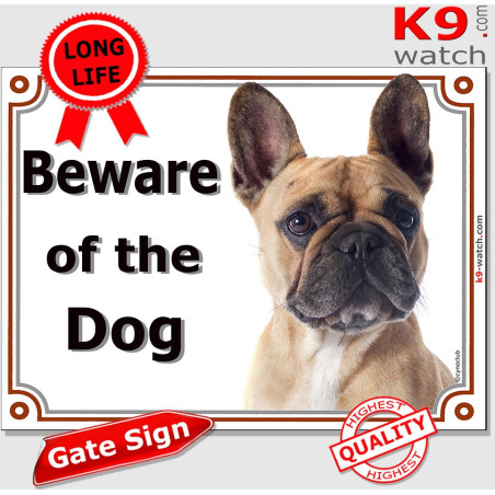 Fawn French Bulldog “Beware of Dog” plaque with black mask, weather-resistant, made in France – a distinctive Frenchie gift.