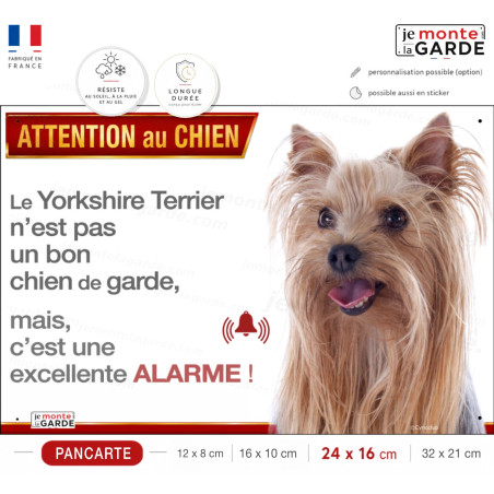 Plaque portail humour "Attention au Chien, Yorkshire Terrier, PAS chien de garde, excellente ALARME" photo, résiste extérieur